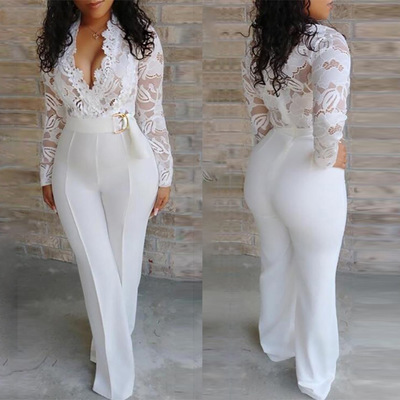 Sexy deep v-neck lace stitching long sleeve jumpsuit