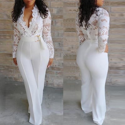Sexy Deep V-Neck Lace Stitching Long Sleeve Jumpsuit