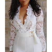 Sexy Deep V-Neck Lace Stitching Long Sleeve Jumpsuit - Thumbnail 3