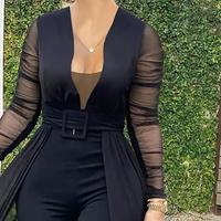 Slim Mesh Splicing Deep V-Neck Jumpsuit - Thumbnail 1