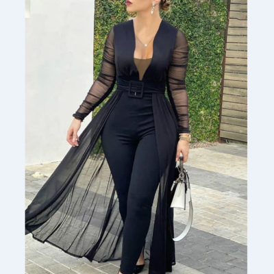 Slim mesh splicing deep v-neck jumpsuit