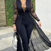 Slim Mesh Splicing Deep V-Neck Jumpsuit - Thumbnail 2