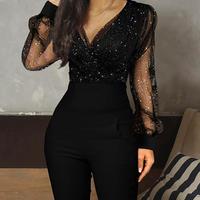 Zipper Solid Color V-Neck Lace Long Sleeves Slim Jumpsuit - Thumbnail 5