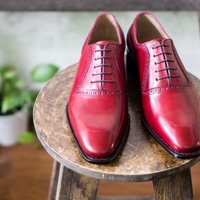 Handmade Men Red Leather Dress Up Bespoke Lace Up Weekly Wear Shoes - Thumbnail 1