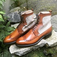 Best Trendy Handmade Brown Leather Tweed Ankle High Boot - Thumbnail 1