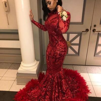 2021 red plus size long sleeve mermaid african prom dresses with feathers train high neck elegant black girls evening gala gowns,458 - Thumbnail 4
