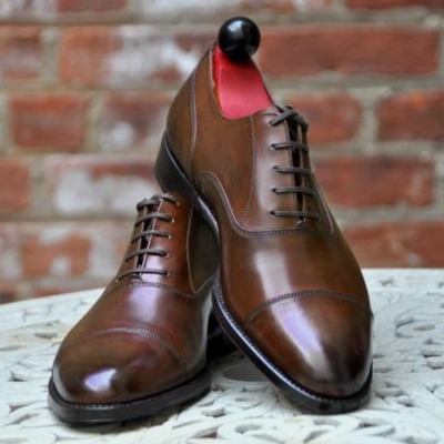 Luxury handmade brown cap toe leather office lace up shoes