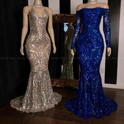 Sparkly sequined silver mermaid african prom dresses 2021 royal blue long sleeve graduation formal dress plus size evening gowns,460 - Thumbnail 3