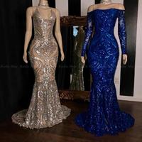 Sparkly Sequined Silver Mermaid African Prom Dresses 2021 Royal Blue Long Sleeve Graduation Formal Dress Plus Size Evening Gowns,460 - Thumbnail 1