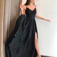 Beautiful A-Line Spaghetti Straps Black Satin Long Prom/Evening Dress with Split,461 - Thumbnail 1