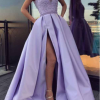 Chic Satin Short Sleeve Scoop Split Beads Purple Slit Open Back Long Prom Dresses ,463 - Thumbnail 1