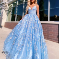 Gorgeous A Line Spaghetti Straps Blue Long Prom/Evening Dress with Appliques,472 - Thumbnail 1