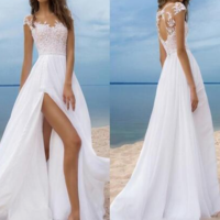 Beach Boho Wedding Dresses Short Sleeves Cheap Chiffon Bride Gowns High Side Slit Backless Wedding Gowns Sheer Neck,987 - Thumbnail 1