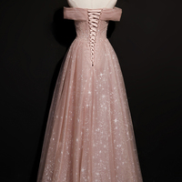 Pink tulle long A line prom dress pink evening dress - Thumbnail 2