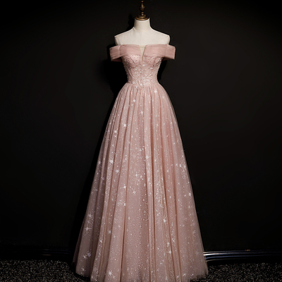 Pink tulle long a line prom dress pink evening dress - Thumbnail 4