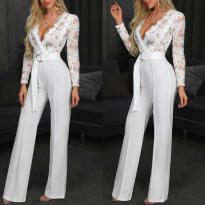 Sweet long-sleeved stitching lace jumpsuit