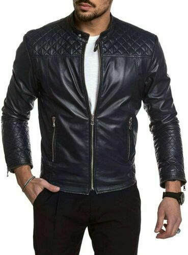 Men's Lambskin 100% Leather Jacket Motorcycle Biker Stylish Quilted Black Coat