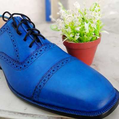 New hot sale men's blue oxfords derby cap toe handmade genuine leather dress shoes - Thumbnail 2