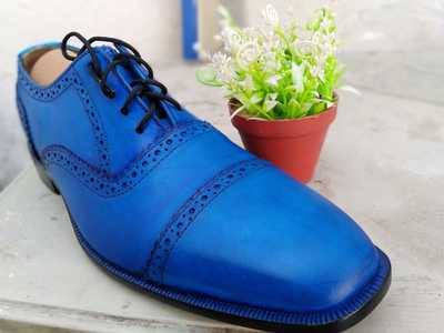 New Hot Sale Men's Blue Oxfords Derby Cap Toe Handmade Genuine Leather Dress Shoes