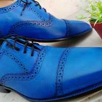 New Hot Sale Men's Blue Oxfords Derby Cap Toe Handmade Genuine Leather Dress Shoes - Thumbnail 2