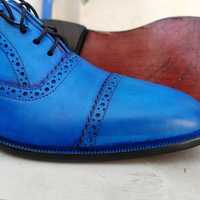New Hot Sale Men's Blue Oxfords Derby Cap Toe Handmade Genuine Leather Dress Shoes - Thumbnail 3