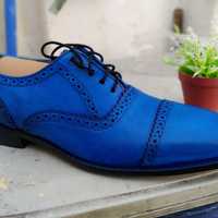 New Hot Sale Men's Blue Oxfords Derby Cap Toe Handmade Genuine Leather Dress Shoes - Thumbnail 4