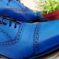 New Hot Sale Men's Blue Oxfords Derby Cap Toe Handmade Genuine Leather Dress Shoes - Thumbnail 5