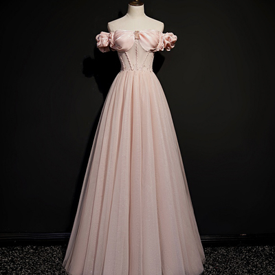 Pink tulle long a line prom dress pink evening dress - Thumbnail 4