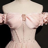Pink tulle long A line prom dress pink evening dress - Thumbnail 3