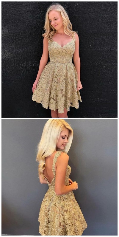 Gold Lace Homecoming Dresses Short Length