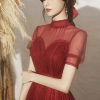 Burgundy tulle long A line prom dress evening dress - Thumbnail 3