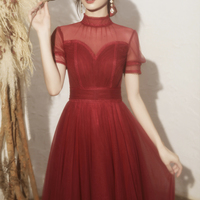 Burgundy tulle long A line prom dress evening dress - Thumbnail 4