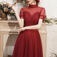 Burgundy tulle long A line prom dress evening dress - Thumbnail 5