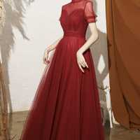 Burgundy tulle long A line prom dress evening dress - Thumbnail 6