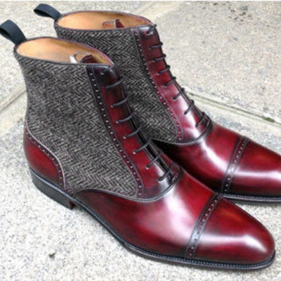 Classic handmade burgundy leather tweed formal wear dress boot - Thumbnail 3