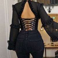 Long Sleeve Sexy Shirt Top - Thumbnail 3
