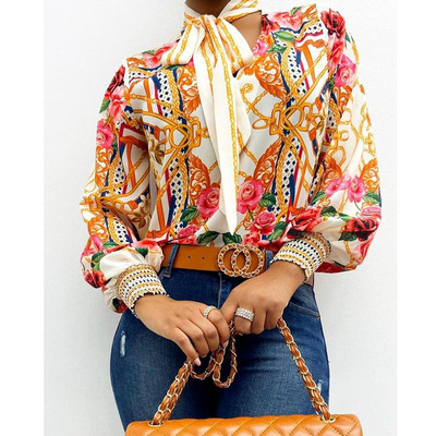 Women Long Sleeve Printed Chiffon Top