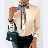 Bowknot Chiffon Long Sleeve Shirt Top - Thumbnail 3