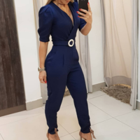 Skinny Casual V-Neck Jumpsuit - Thumbnail 1