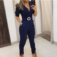 Skinny Casual V-Neck Jumpsuit - Thumbnail 2