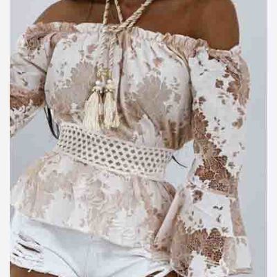 Sweet one word collar off-the-shoulder sexy long-sleeved lace top