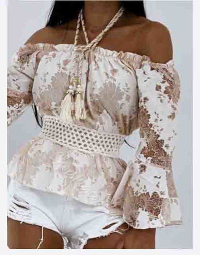 Sweet One Word Collar Off-The-Shoulder Sexy Long-Sleeved Lace Top