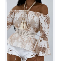 Sweet One Word Collar Off-The-Shoulder Sexy Long-Sleeved Lace Top - Thumbnail 1