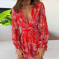 Red Sexy Deep V Floral Long Sleeve Dress - Thumbnail 2