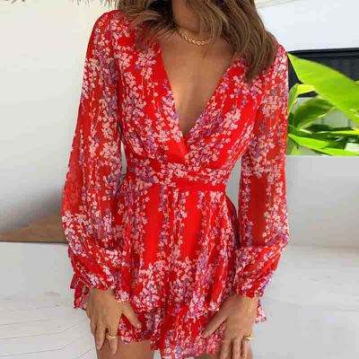 Red sexy deep v floral long sleeve dress