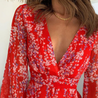 Red Sexy Deep V Floral Long Sleeve Dress - Thumbnail 1