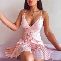 Sexy Solid Color V-Neck Ruffle Sleeveless Dress - Thumbnail 1