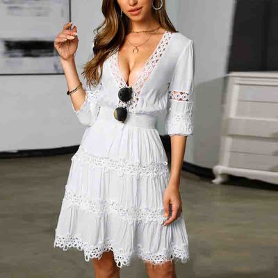 Solid color white long sleeve deep v neck dress