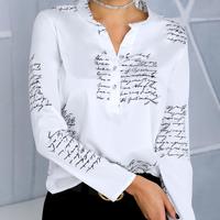 Fashion Printed Letter V-Neck Button Long-Sleeved Shirt Top - Thumbnail 1