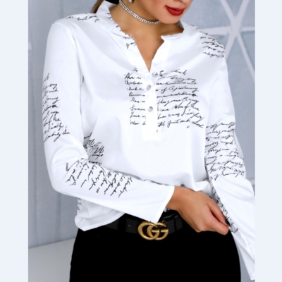Fashion printed letter v-neck button long-sleeved shirt top - Thumbnail 3
